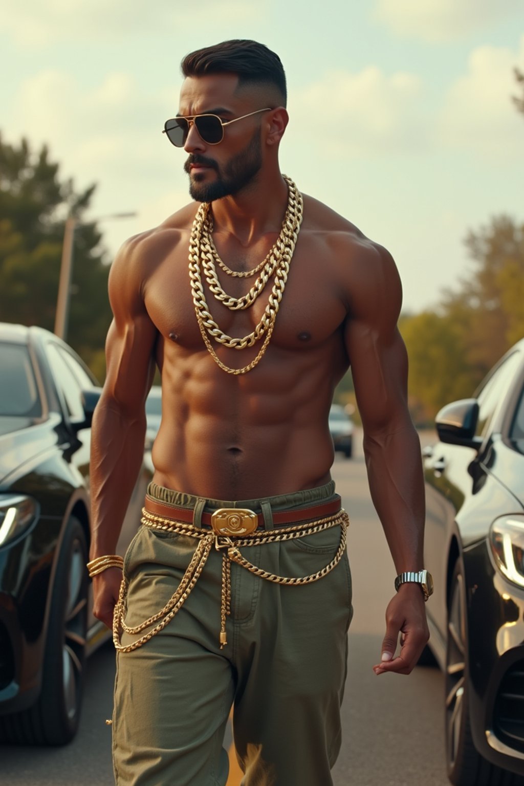 super muscular man wearing gold chains and sunglasses walking past luxury cars in slow motion