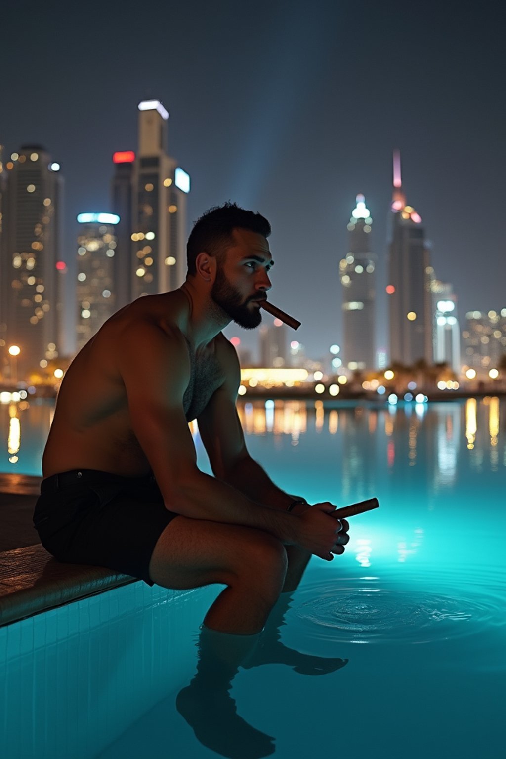 super muscular man sitting by an infinity pool at night in Dubai, smoking a cigar, city skyline behind him