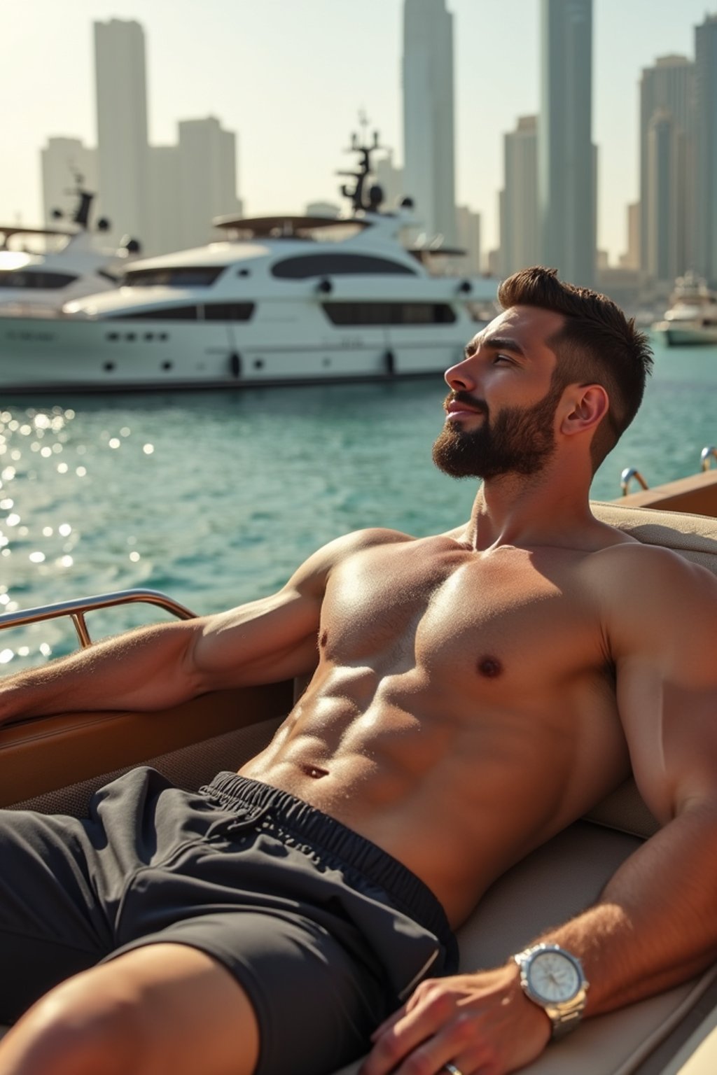super muscular man lounging on a yacht in Dubai Marina surrounded by shopping bags and luxury watches