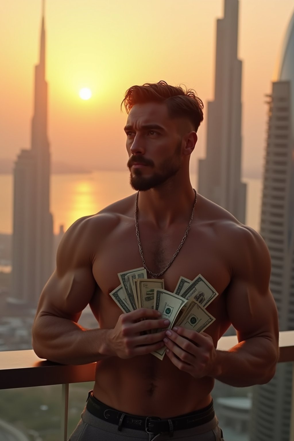 super muscular man counting stacks of cash on a penthouse balcony overlooking Dubai skyline at sunset