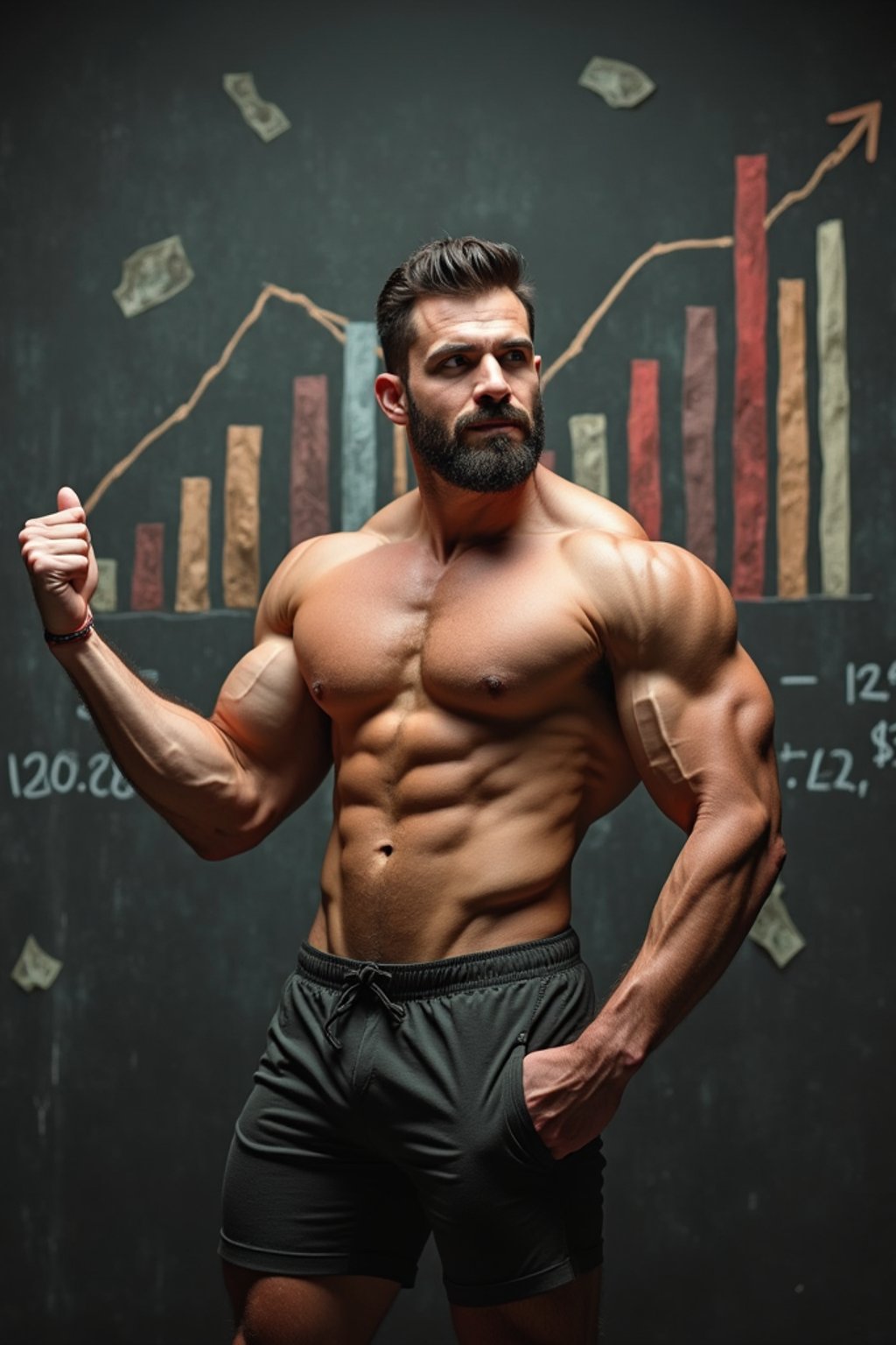 super muscular man doing a presentation showing a chart of money going up