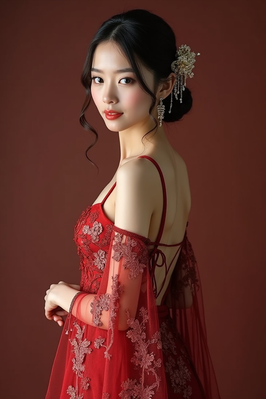 an alluring  feminine woman dressed in elegant evening wear