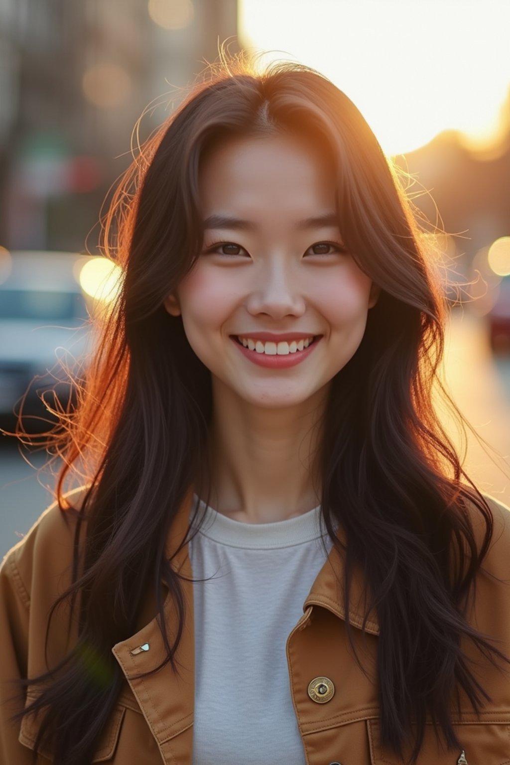 headshot of smiling woman wearing casual clothes posing for dating app headshot. outdoor blurry background. the lighting is warm, possibly from a setting sun, creating a soft glow around him, enhancing the casual and relaxed vibe of the image. the setting seems to be outdoors, likely in an urban environment, with the blurred background hinting at a street or park-like area. this image likely portrays a youthful, active, and approachable individual, possibly in a lifestyle or fashion-related context.