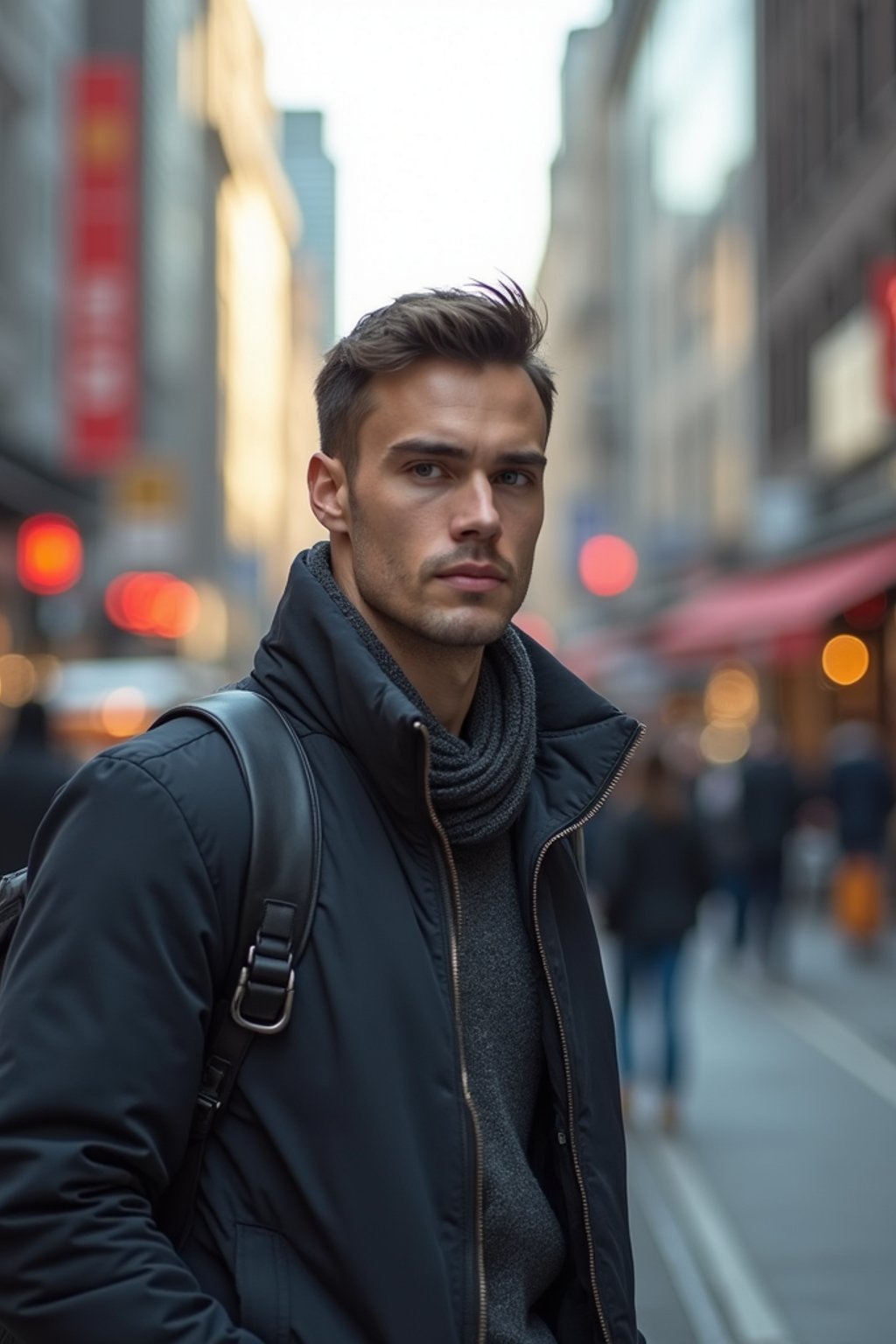 a confident masculine  man exploring a bustling city street