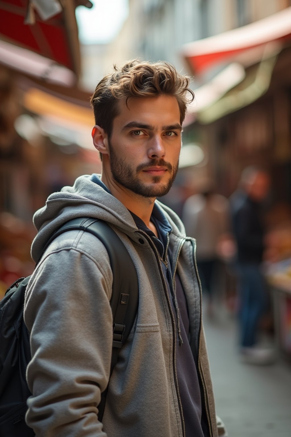 a charismatic masculine  man exploring a street market