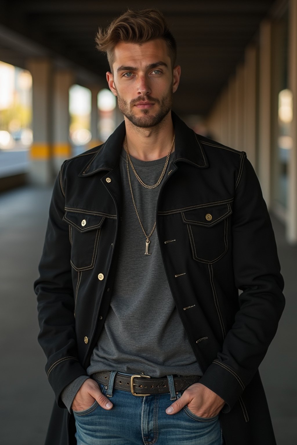 a confident masculine  man dressed in stylish attire