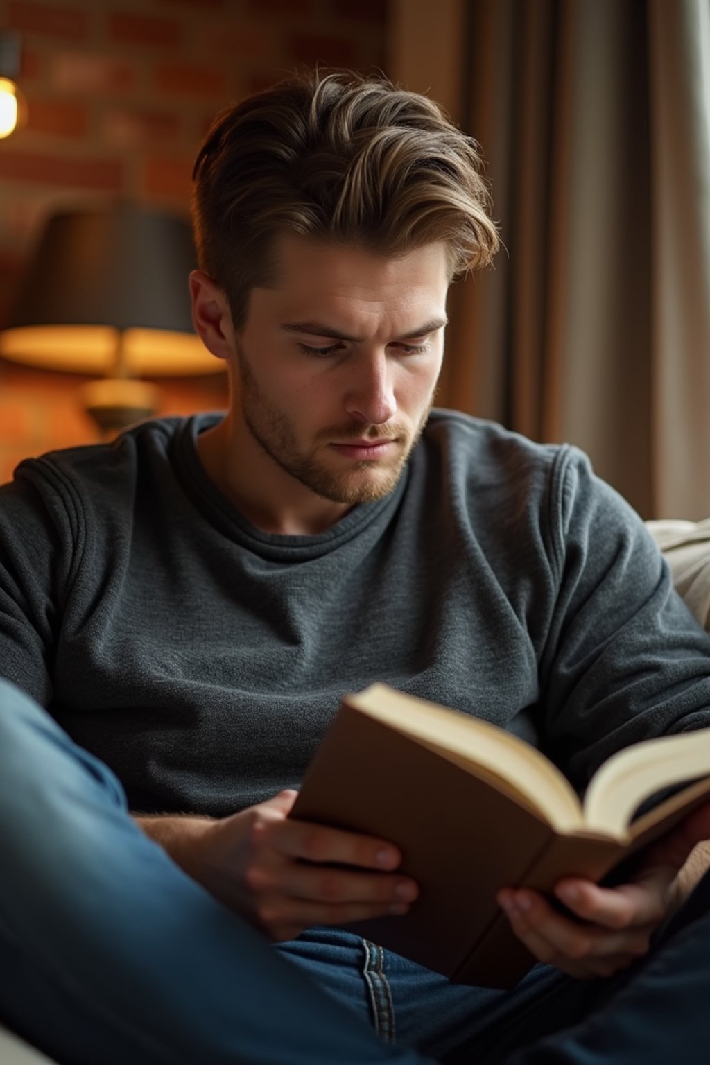 masculine  man reading a book in a cozy home environment