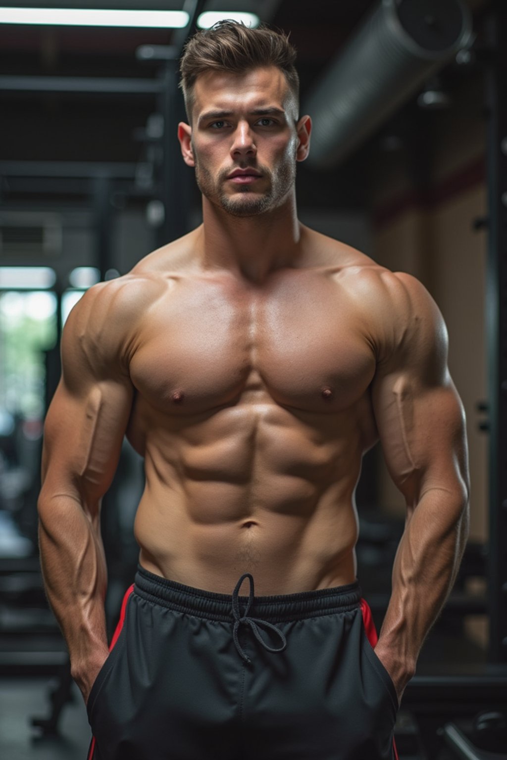 masculine  man wearing  or shorts and sports top in the fitness gym