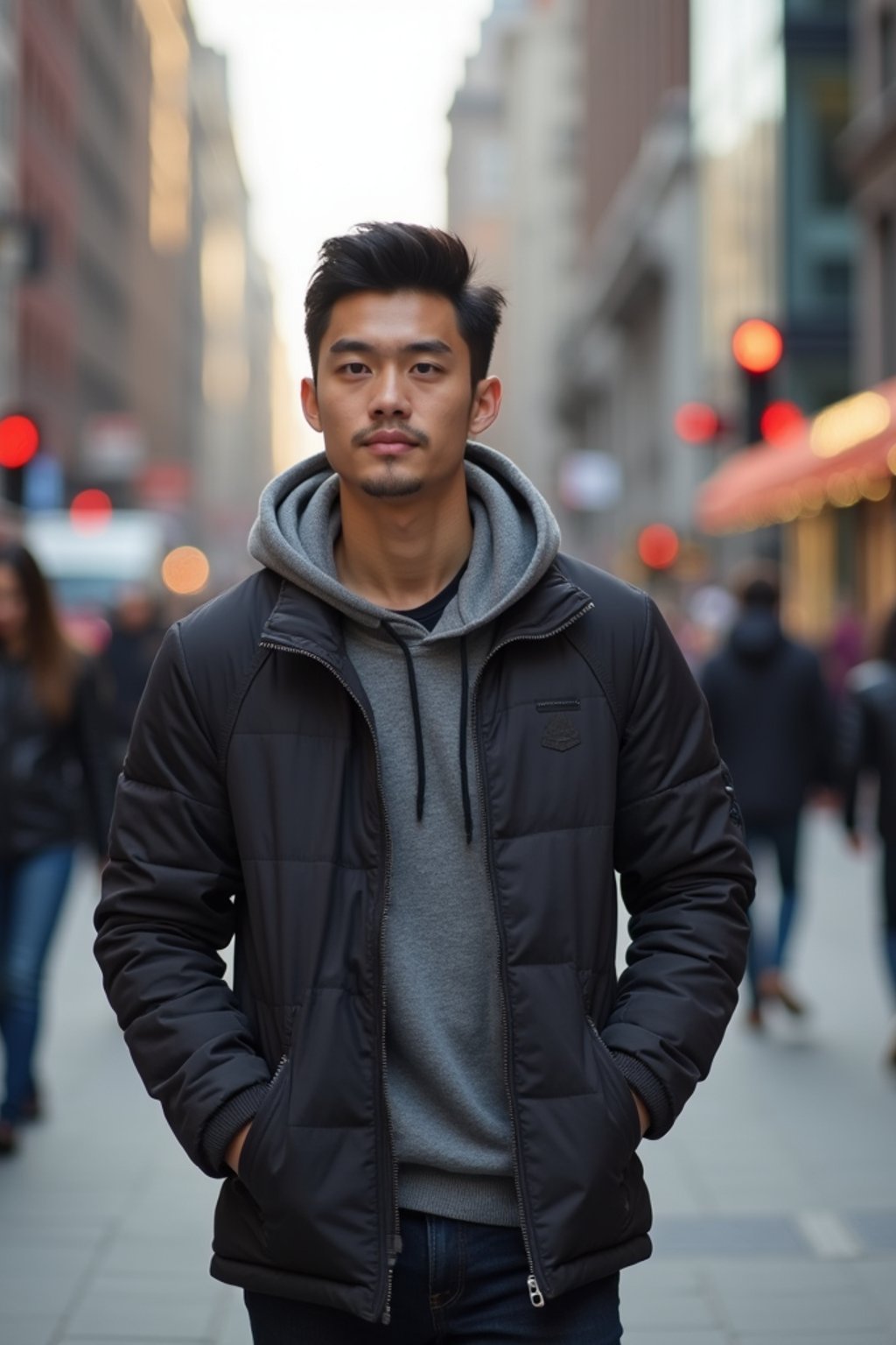 a confident masculine  man exploring a bustling city street