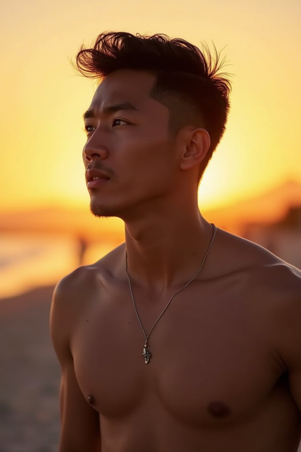 masculine  man enjoying a sunset at a beach or park