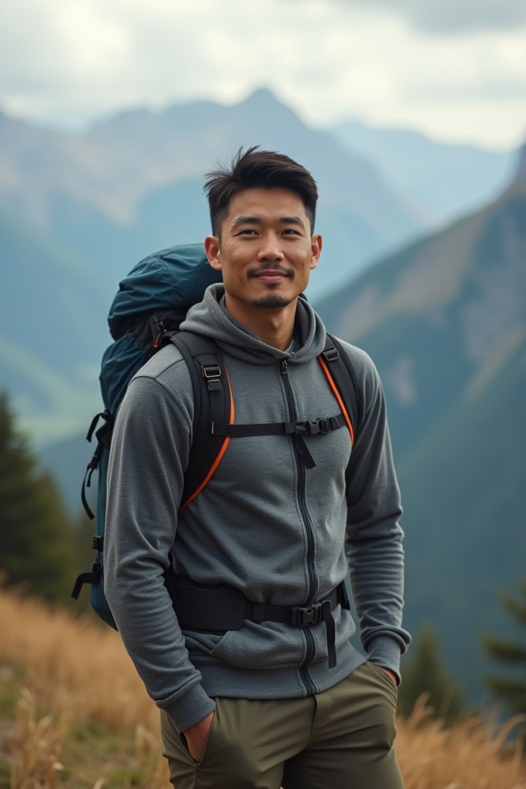 masculine  man in going hiking outdoors in mountains