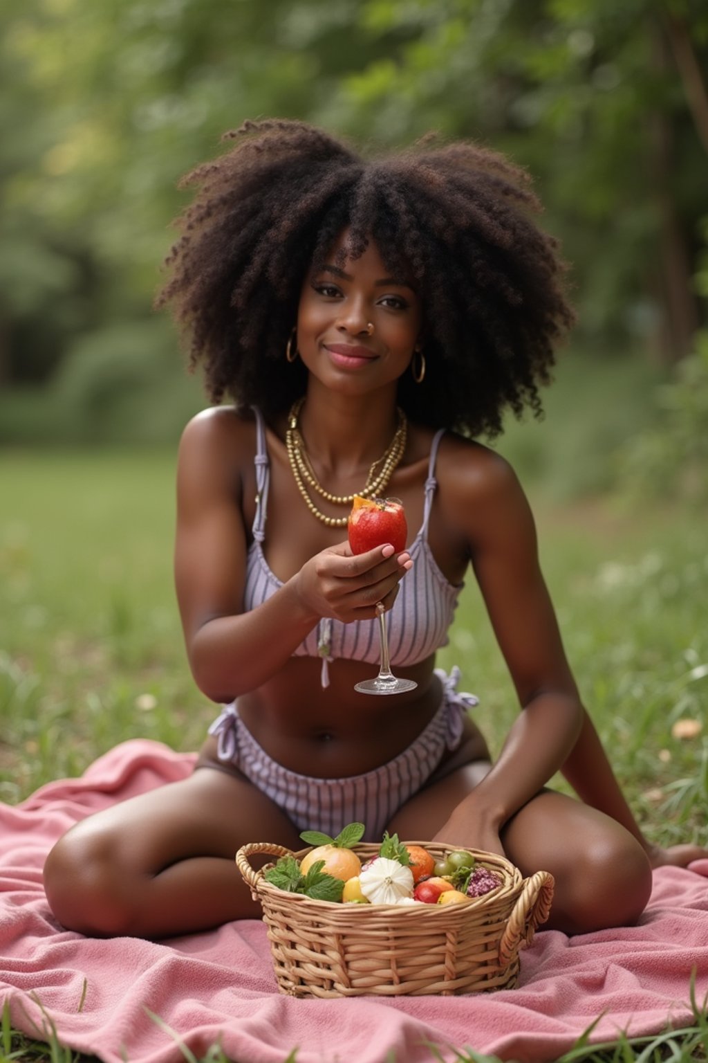 feminine woman having a fun outdoor picnic