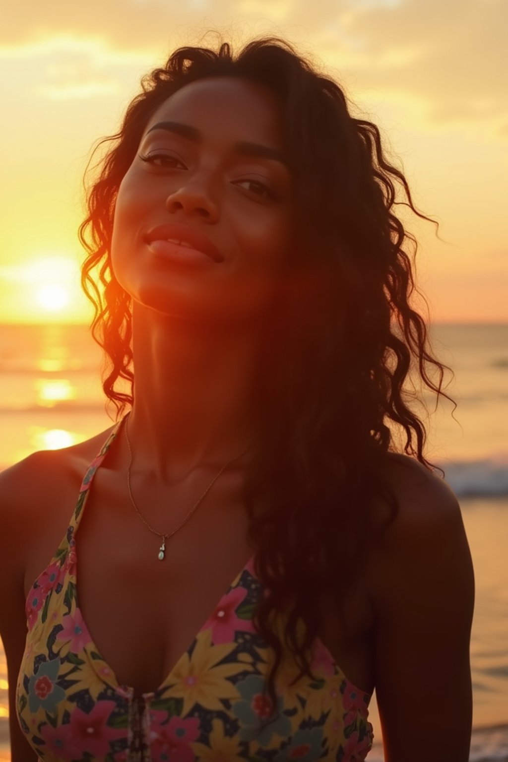 feminine woman enjoying a sunset at a beach or park