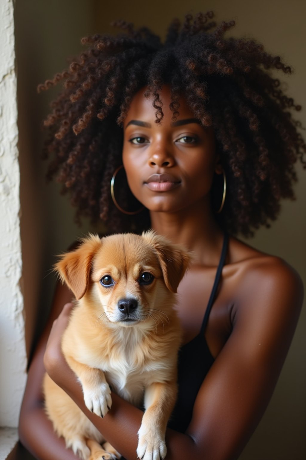 feminine woman posing with a cute pet