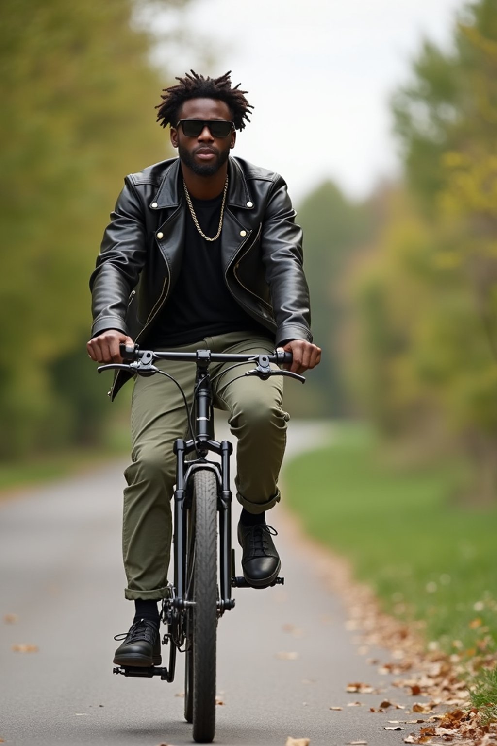 a stylish masculine  man enjoying a leisurely bike ride along a scenic path