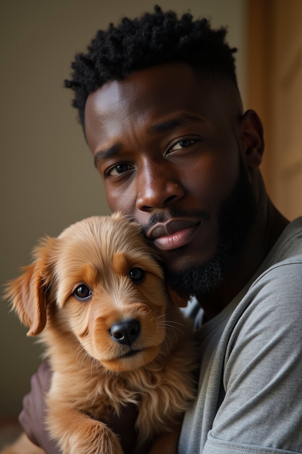 masculine  man posing with a cute pet
