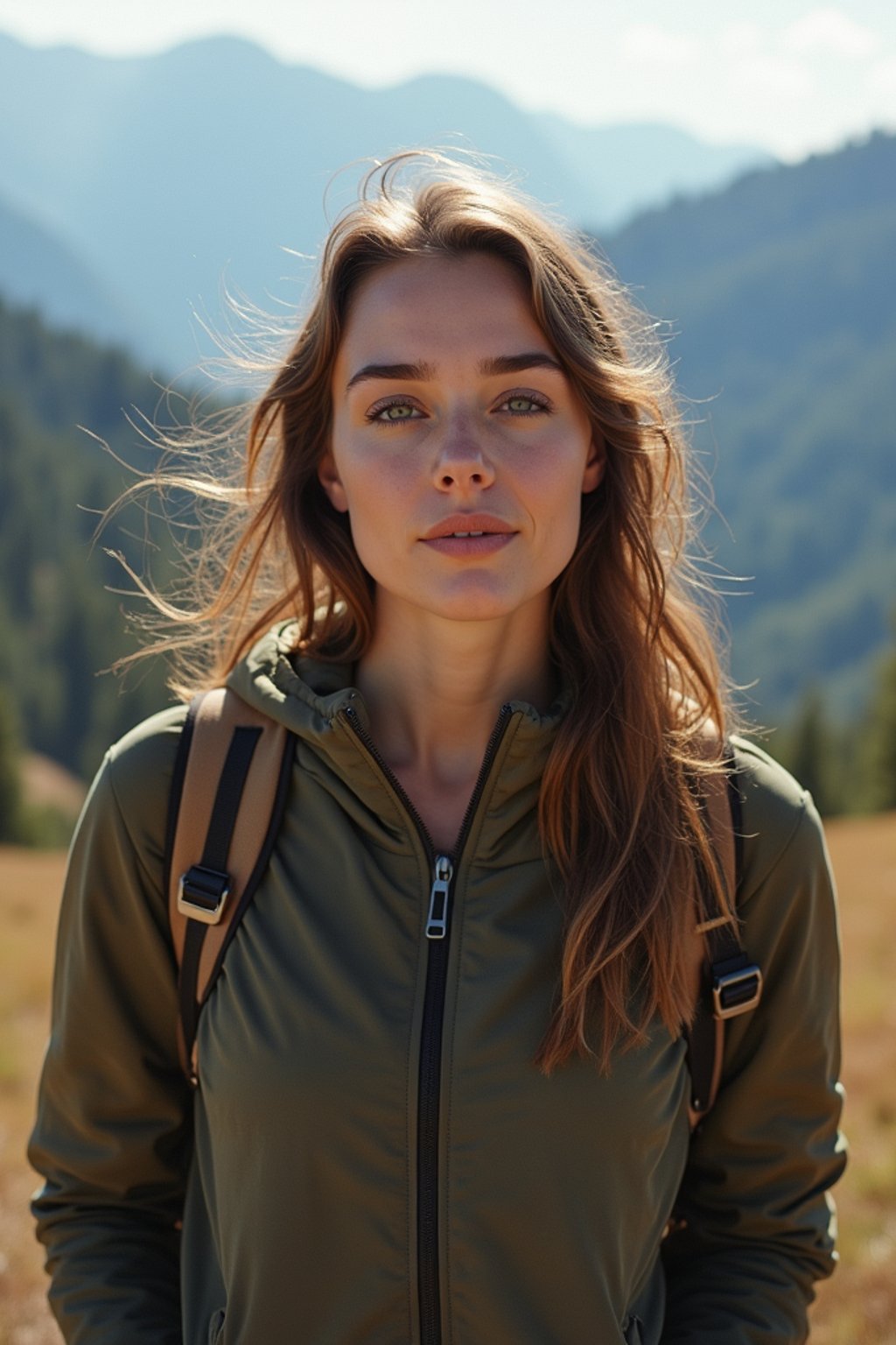 feminine woman in going hiking outdoors in mountains