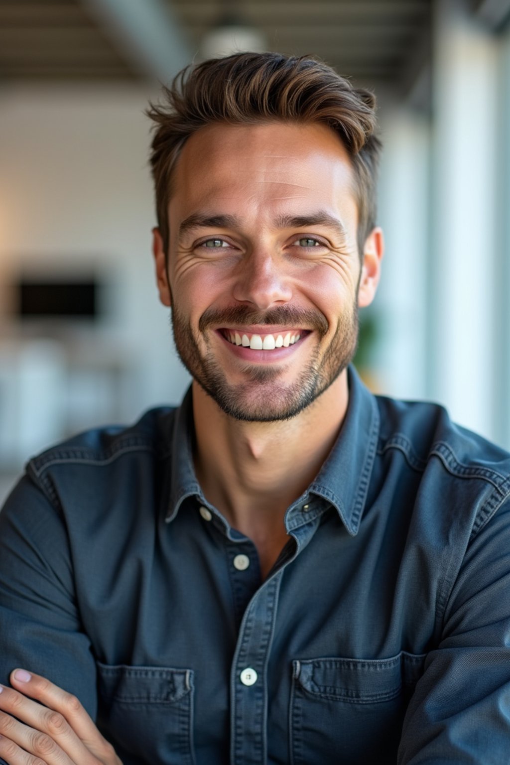 8k professional headshot of man, crisp details, bright modern office, casual tech wear, relaxed confident pose, approachable smile, high-definition, startup vibe, sharp focus, soft lighting, smart casual outfit, contemporary setting