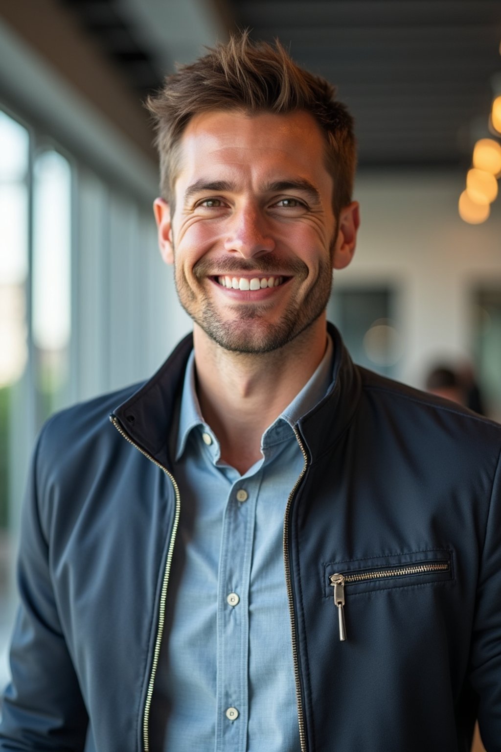 8k professional headshot of man, crisp details, bright modern office, casual tech wear, relaxed confident pose, approachable smile, high-definition, startup vibe, sharp focus, soft lighting, smart casual outfit, contemporary setting