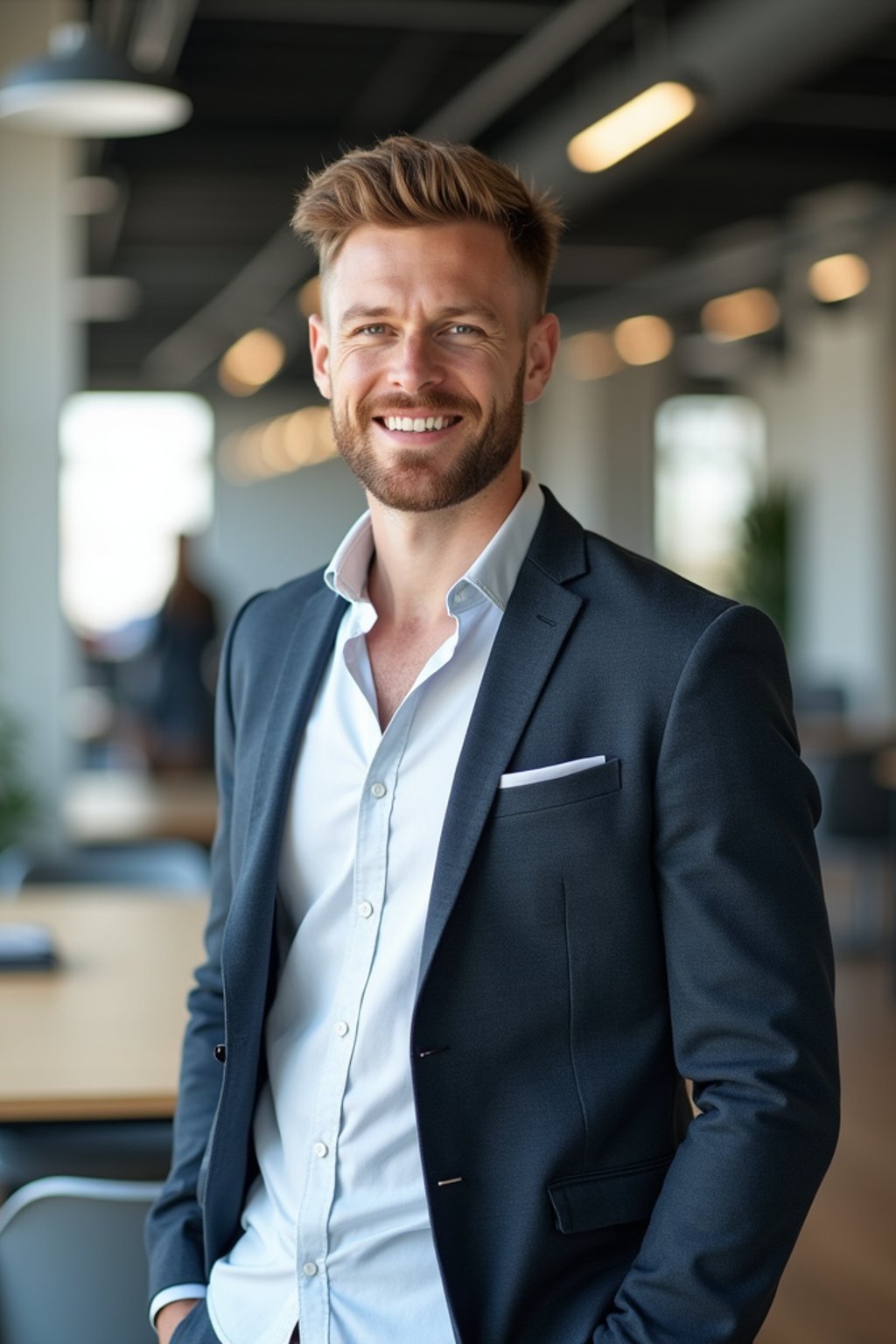 8k professional headshot of man, crisp details, bright modern office, casual tech wear, relaxed confident pose, approachable smile, high-definition, startup vibe, sharp focus, soft lighting, smart casual outfit, contemporary setting