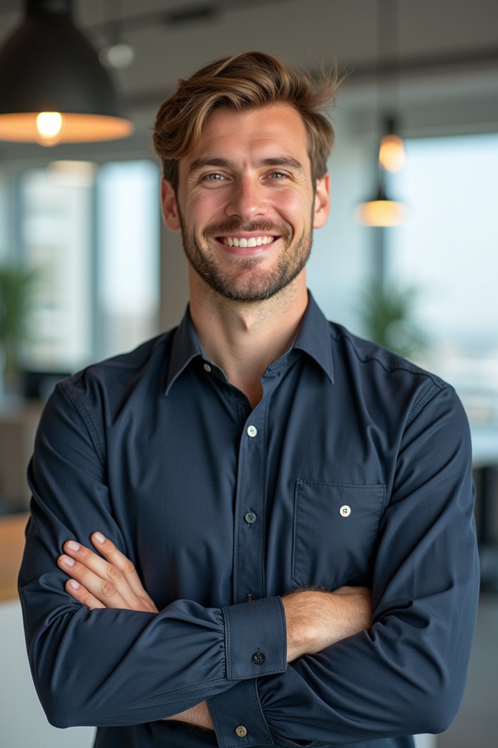 8k professional headshot of man, crisp details, bright modern office, casual tech wear, relaxed confident pose, approachable smile, high-definition, startup vibe, sharp focus, soft lighting, smart casual outfit, contemporary setting