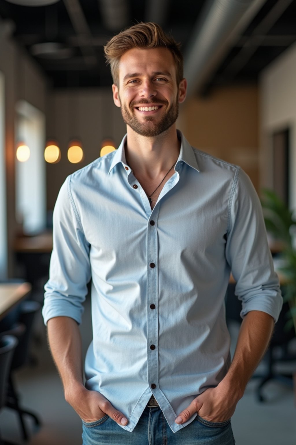 8k professional headshot of man, crisp details, studio backdrop, casual smart attire, confident posture, friendly expression, high-definition, modern startup environment, sharp focus, natural lighting, business casual, open workspace background