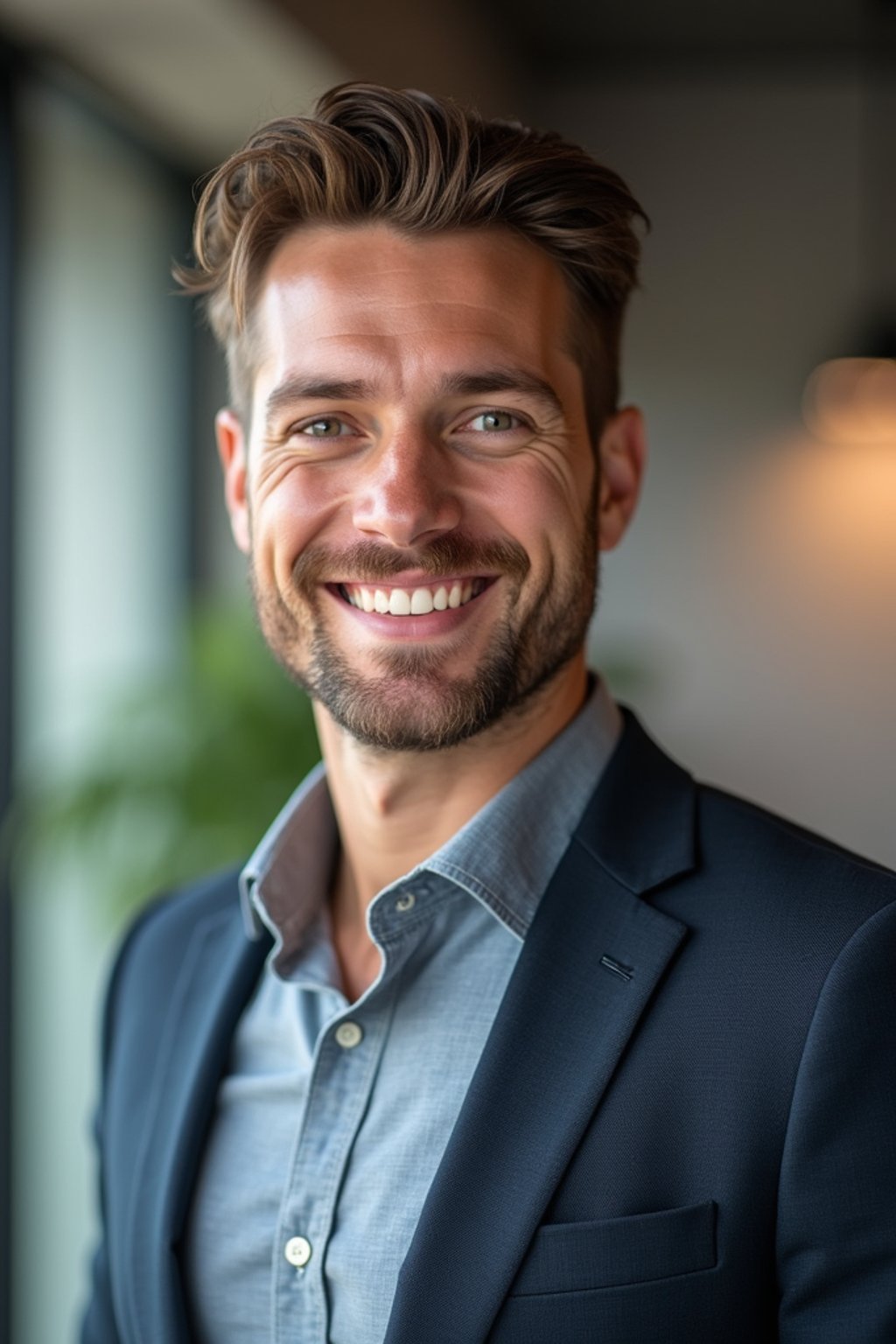 8k professional headshot of man, crisp details, studio backdrop, casual smart attire, confident posture, friendly expression, high-definition, modern startup environment, sharp focus, natural lighting, business casual, open workspace background