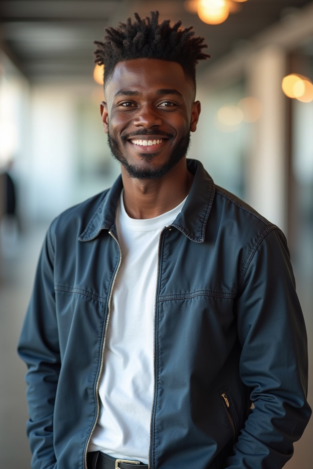 8k professional headshot of man, crisp details, bright modern office, casual tech wear, relaxed confident pose, approachable smile, high-definition, startup vibe, sharp focus, soft lighting, smart casual outfit, contemporary setting