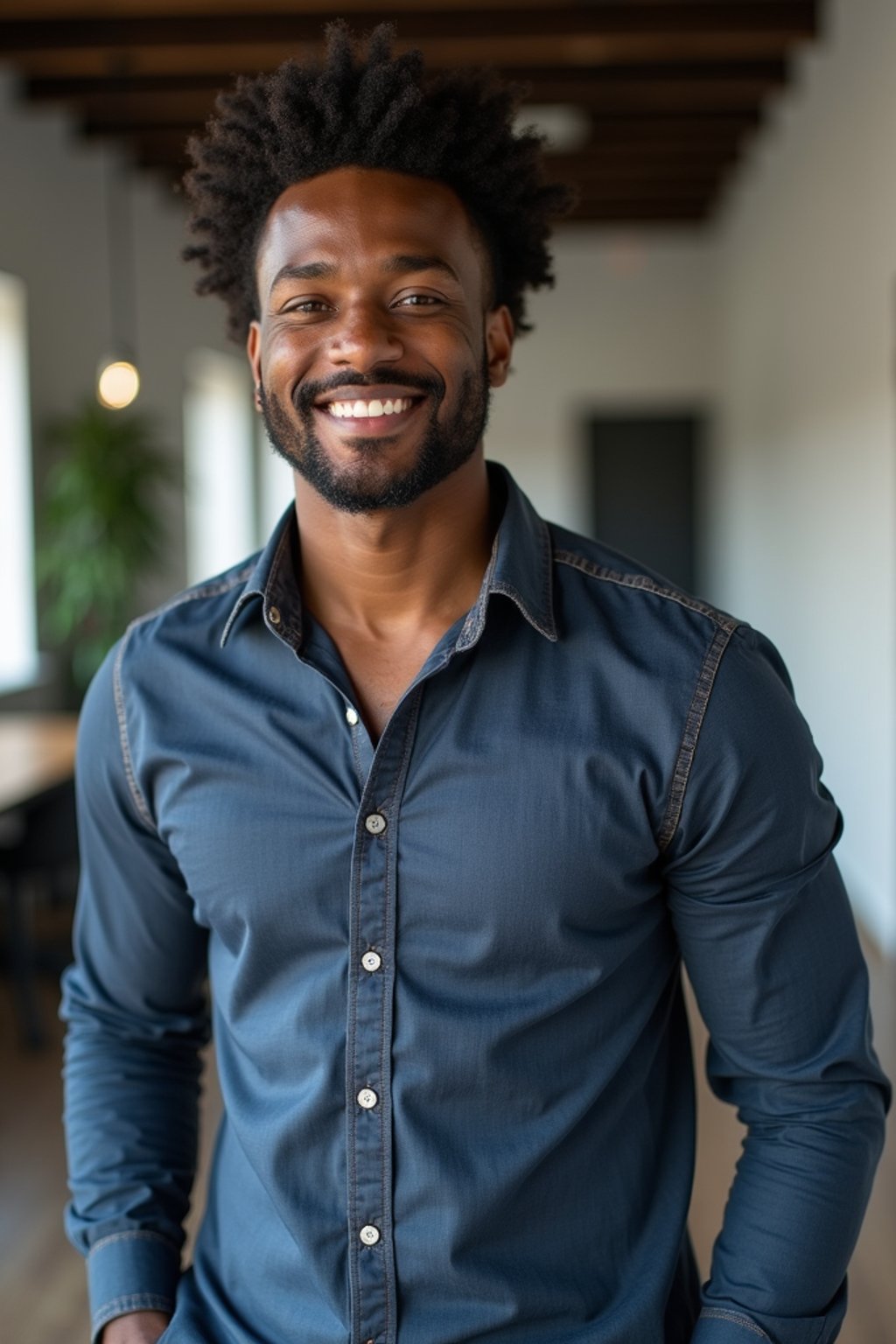 8k professional headshot of man, crisp details, studio backdrop, casual smart attire, confident posture, friendly expression, high-definition, modern startup environment, sharp focus, natural lighting, business casual, open workspace background