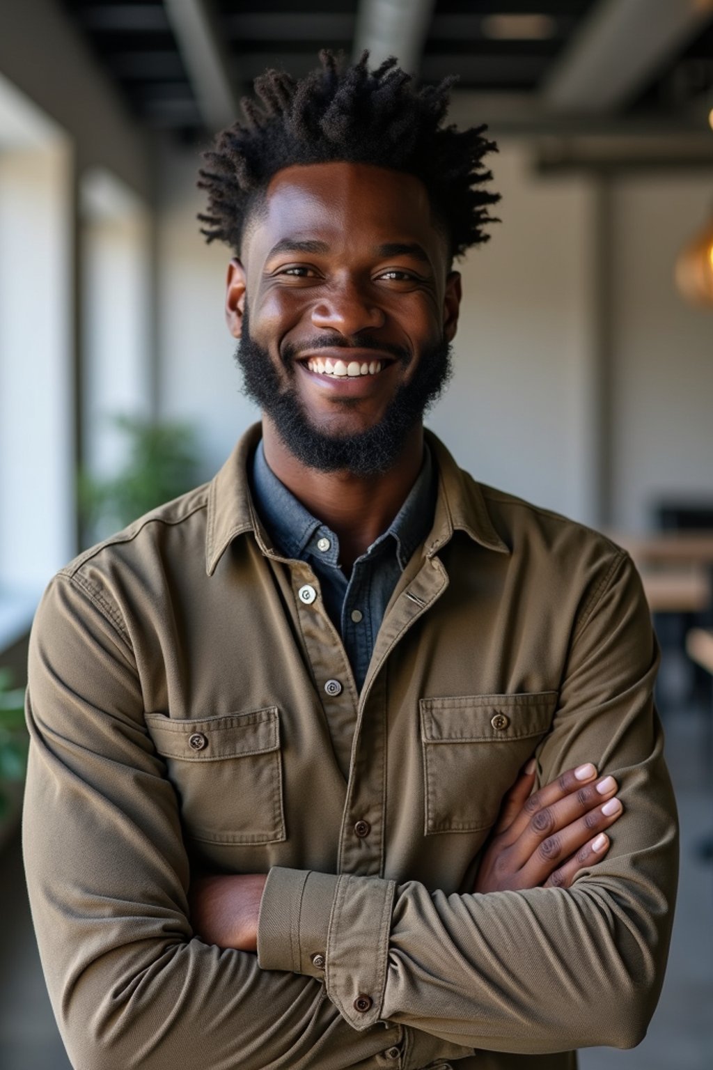 8k professional headshot of man, crisp details, studio backdrop, casual smart attire, confident posture, friendly expression, high-definition, modern startup environment, sharp focus, natural lighting, business casual, open workspace background