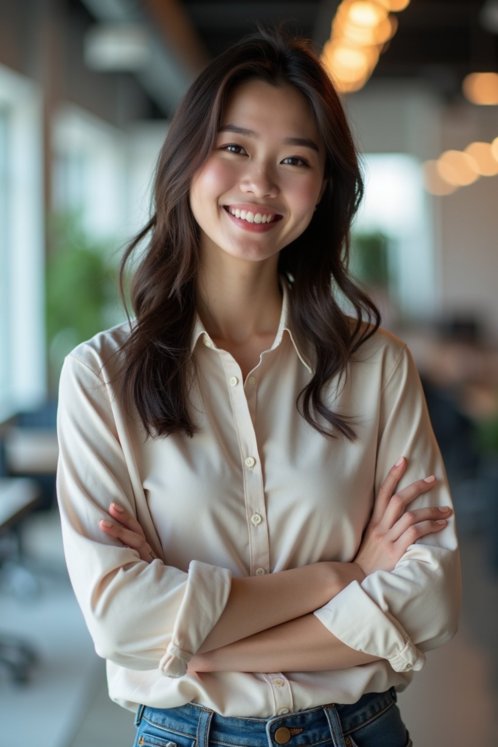 8k professional headshot of woman, crisp details, bright modern office, casual tech wear, relaxed confident pose, approachable smile, high-definition, startup vibe, sharp focus, soft lighting, smart casual outfit, contemporary setting