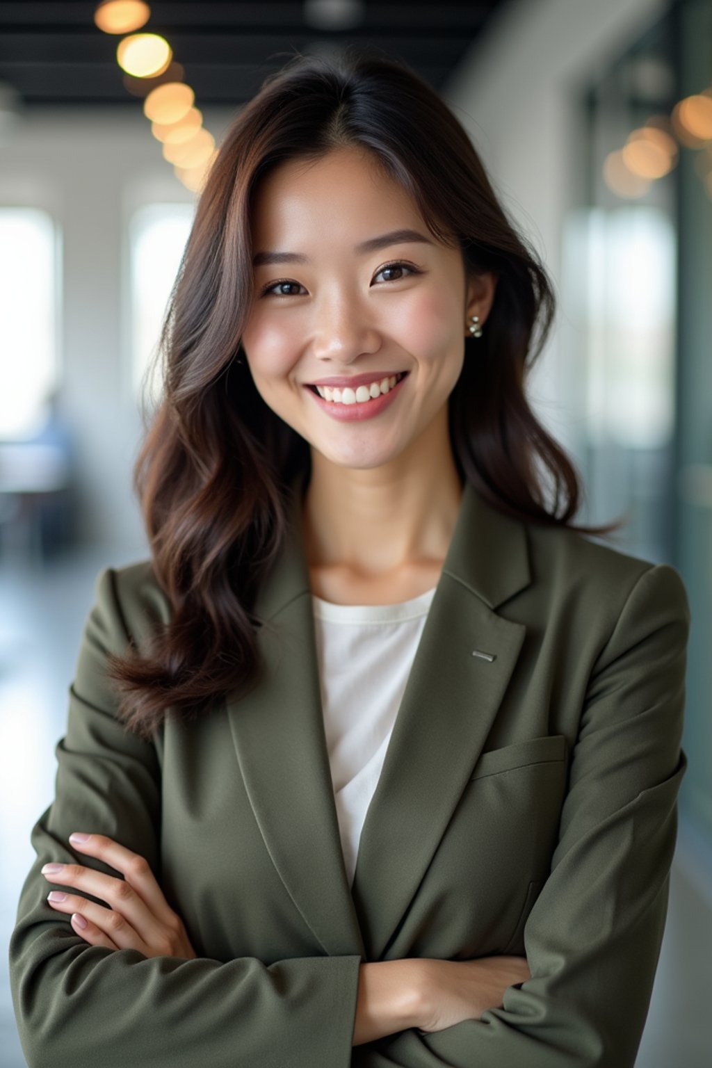 8k professional headshot of woman, crisp details, bright modern office, casual tech wear, relaxed confident pose, approachable smile, high-definition, startup vibe, sharp focus, soft lighting, smart casual outfit, contemporary setting