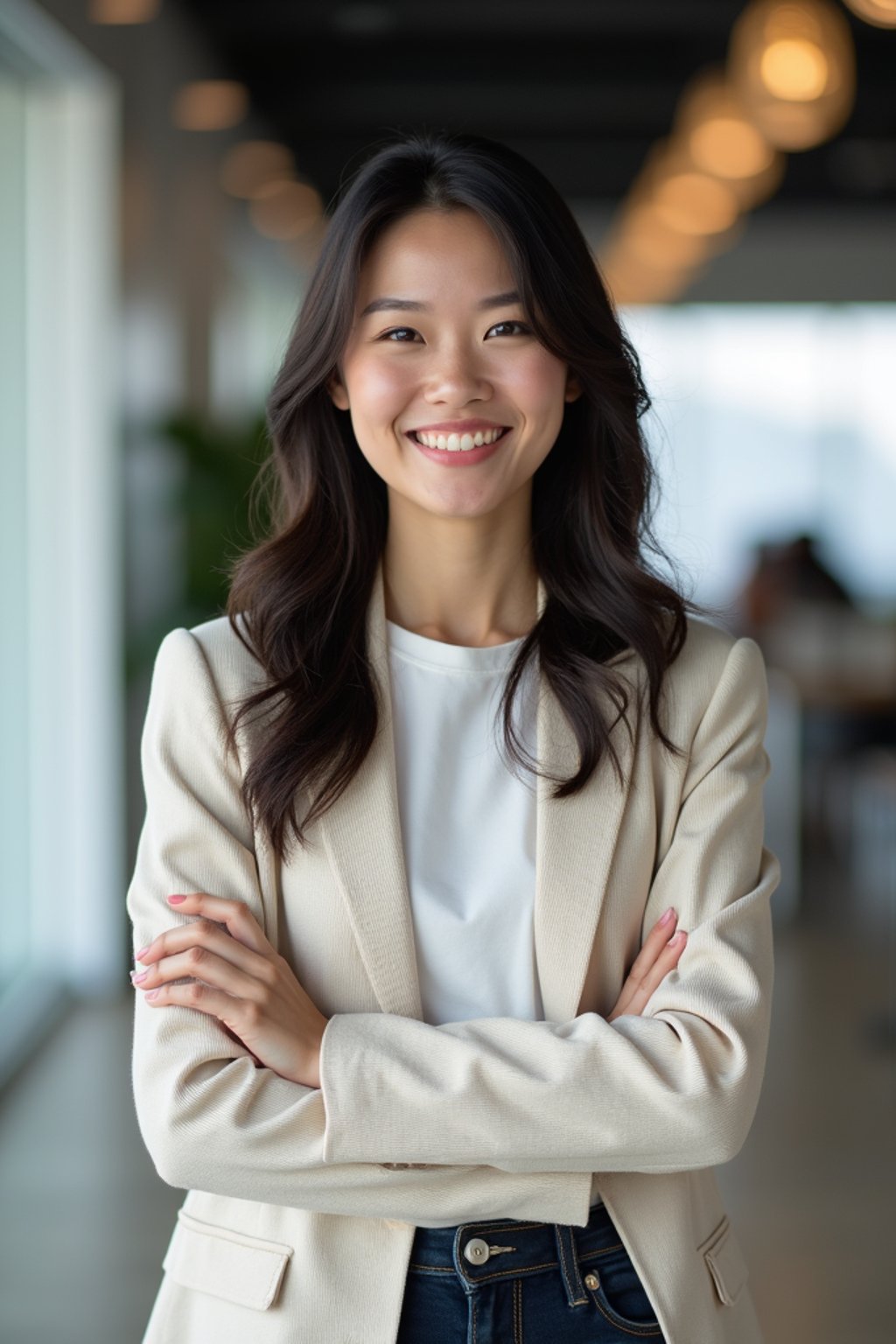 8k professional headshot of woman, crisp details, bright modern office, casual tech wear, relaxed confident pose, approachable smile, high-definition, startup vibe, sharp focus, soft lighting, smart casual outfit, contemporary setting