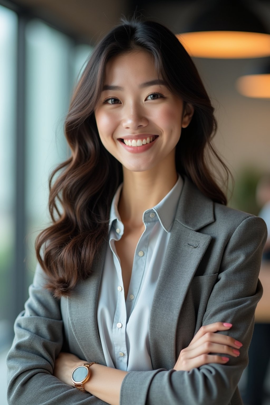 8k professional headshot of woman, crisp details, bright modern office, casual tech wear, relaxed confident pose, approachable smile, high-definition, startup vibe, sharp focus, soft lighting, smart casual outfit, contemporary setting