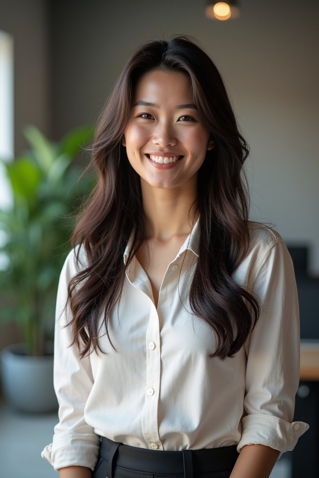 8k professional headshot of woman, crisp details, studio backdrop, casual smart attire, confident posture, friendly expression, high-definition, modern startup environment, sharp focus, natural lighting, business casual, open workspace background