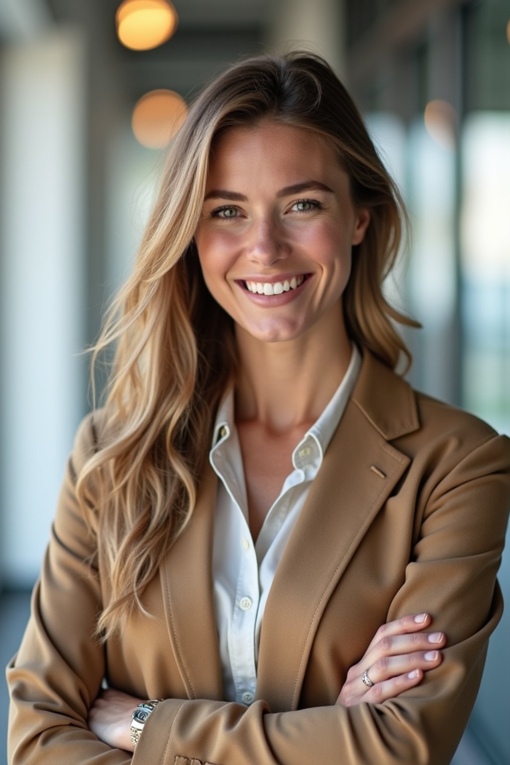 8k professional headshot of woman, crisp details, bright modern office, casual tech wear, relaxed confident pose, approachable smile, high-definition, startup vibe, sharp focus, soft lighting, smart casual outfit, contemporary setting