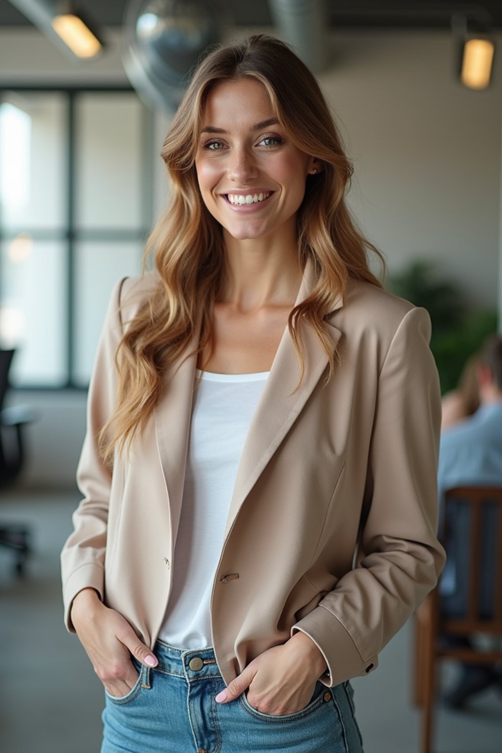 8k professional headshot of woman, crisp details, bright modern office, casual tech wear, relaxed confident pose, approachable smile, high-definition, startup vibe, sharp focus, soft lighting, smart casual outfit, contemporary setting
