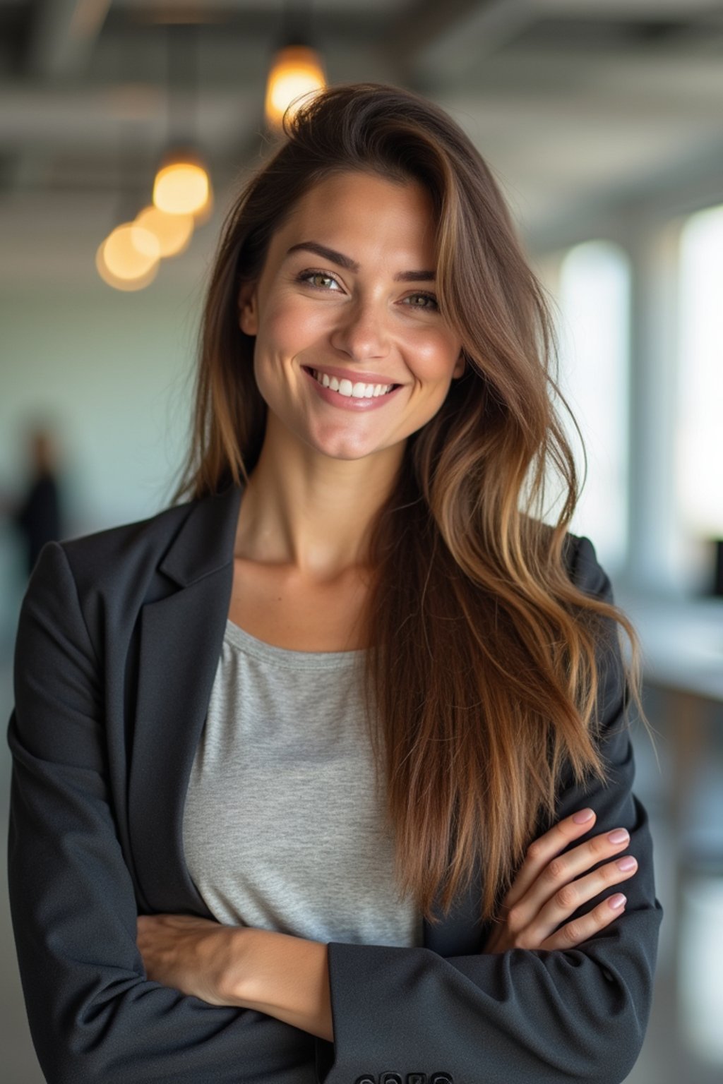 8k professional headshot of woman, crisp details, bright modern office, casual tech wear, relaxed confident pose, approachable smile, high-definition, startup vibe, sharp focus, soft lighting, smart casual outfit, contemporary setting