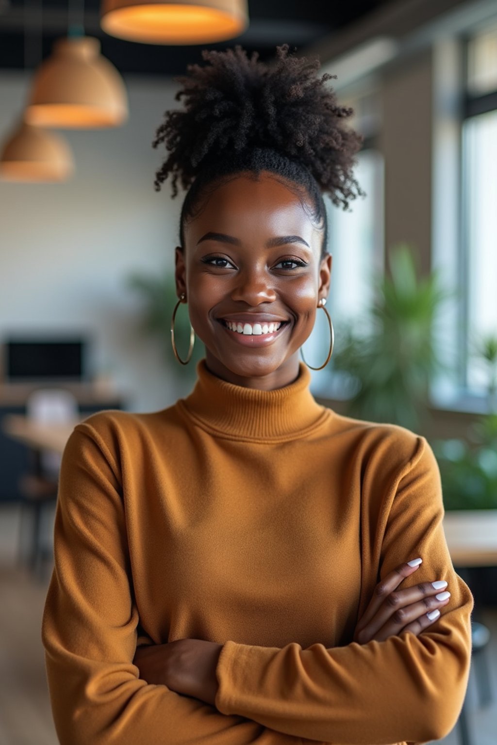 8k professional headshot of woman, crisp details, bright modern office, casual tech wear, relaxed confident pose, approachable smile, high-definition, startup vibe, sharp focus, soft lighting, smart casual outfit, contemporary setting