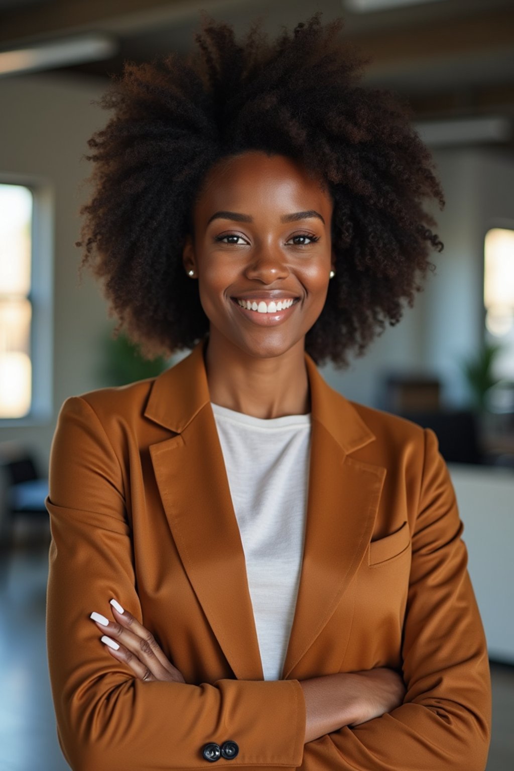 8k professional headshot of woman, crisp details, studio backdrop, casual smart attire, confident posture, friendly expression, high-definition, modern startup environment, sharp focus, natural lighting, business casual, open workspace background