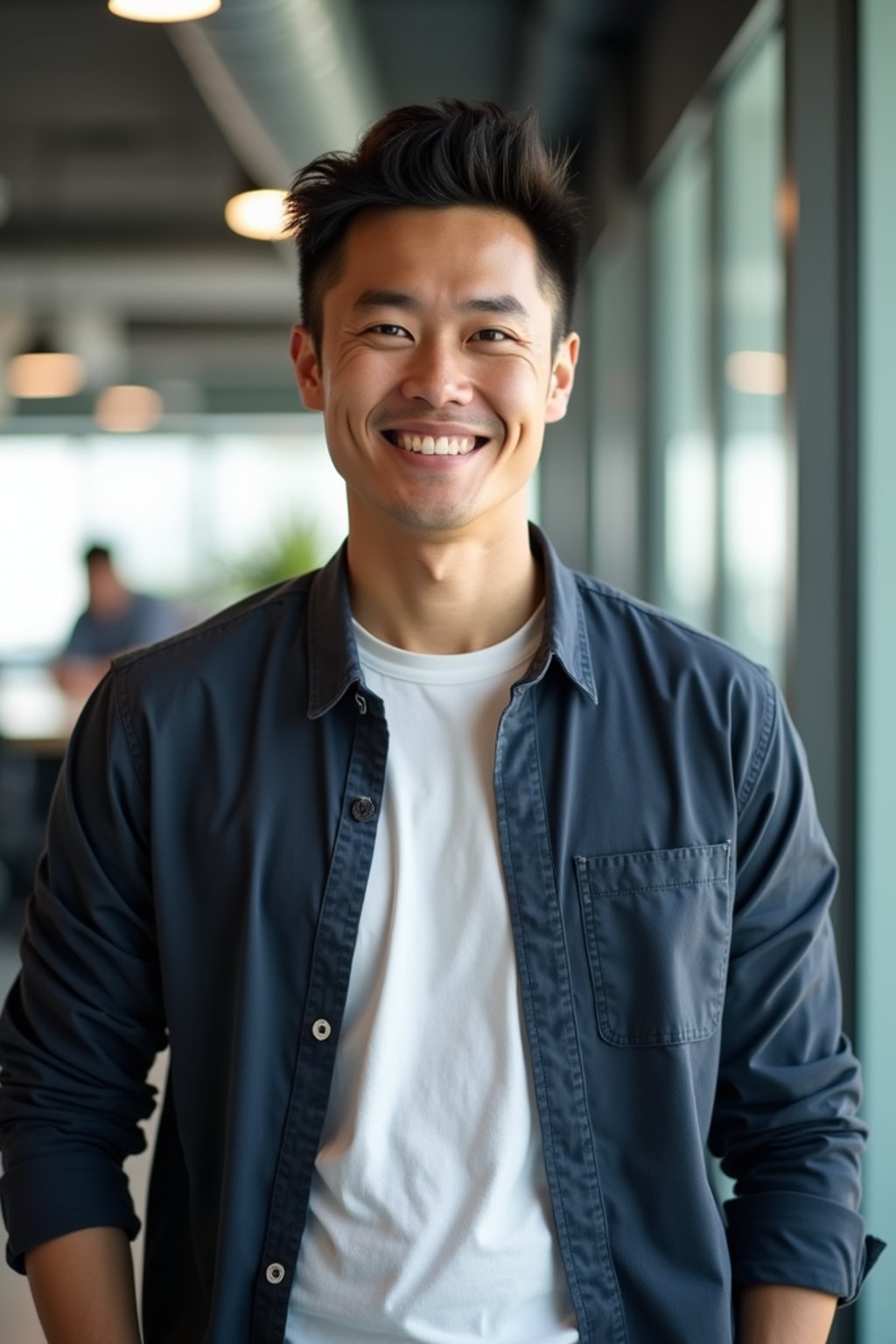 8k professional headshot of man, crisp details, bright modern office, casual tech wear, relaxed confident pose, approachable smile, high-definition, startup vibe, sharp focus, soft lighting, smart casual outfit, contemporary setting