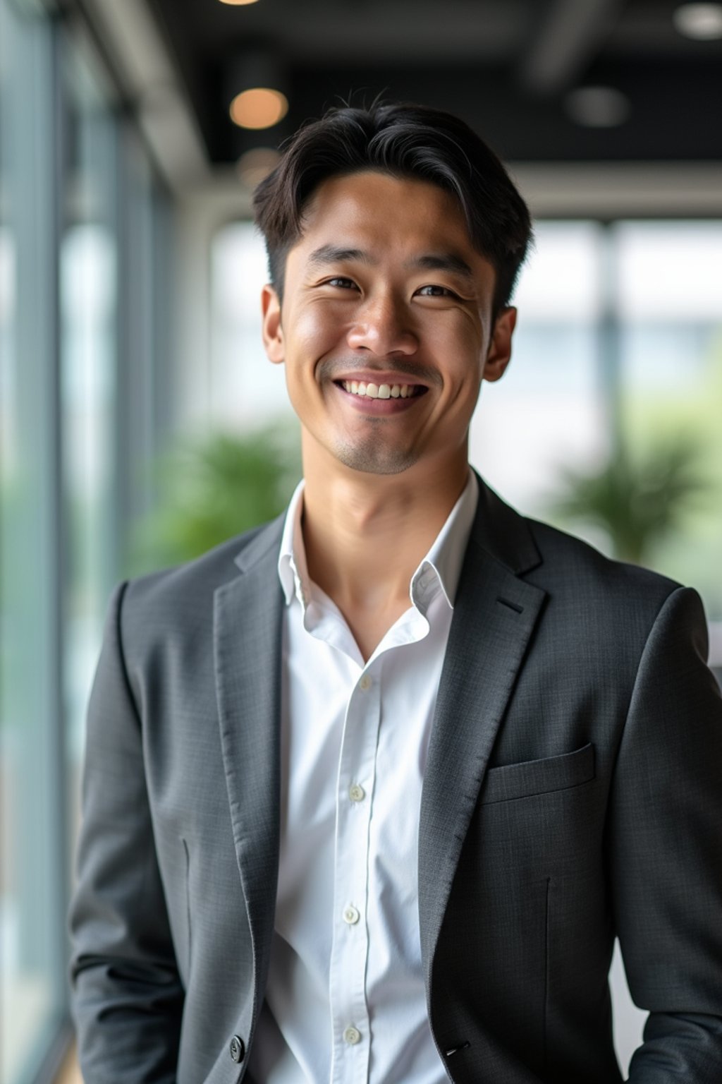 8k professional headshot of man, crisp details, bright modern office, casual tech wear, relaxed confident pose, approachable smile, high-definition, startup vibe, sharp focus, soft lighting, smart casual outfit, contemporary setting