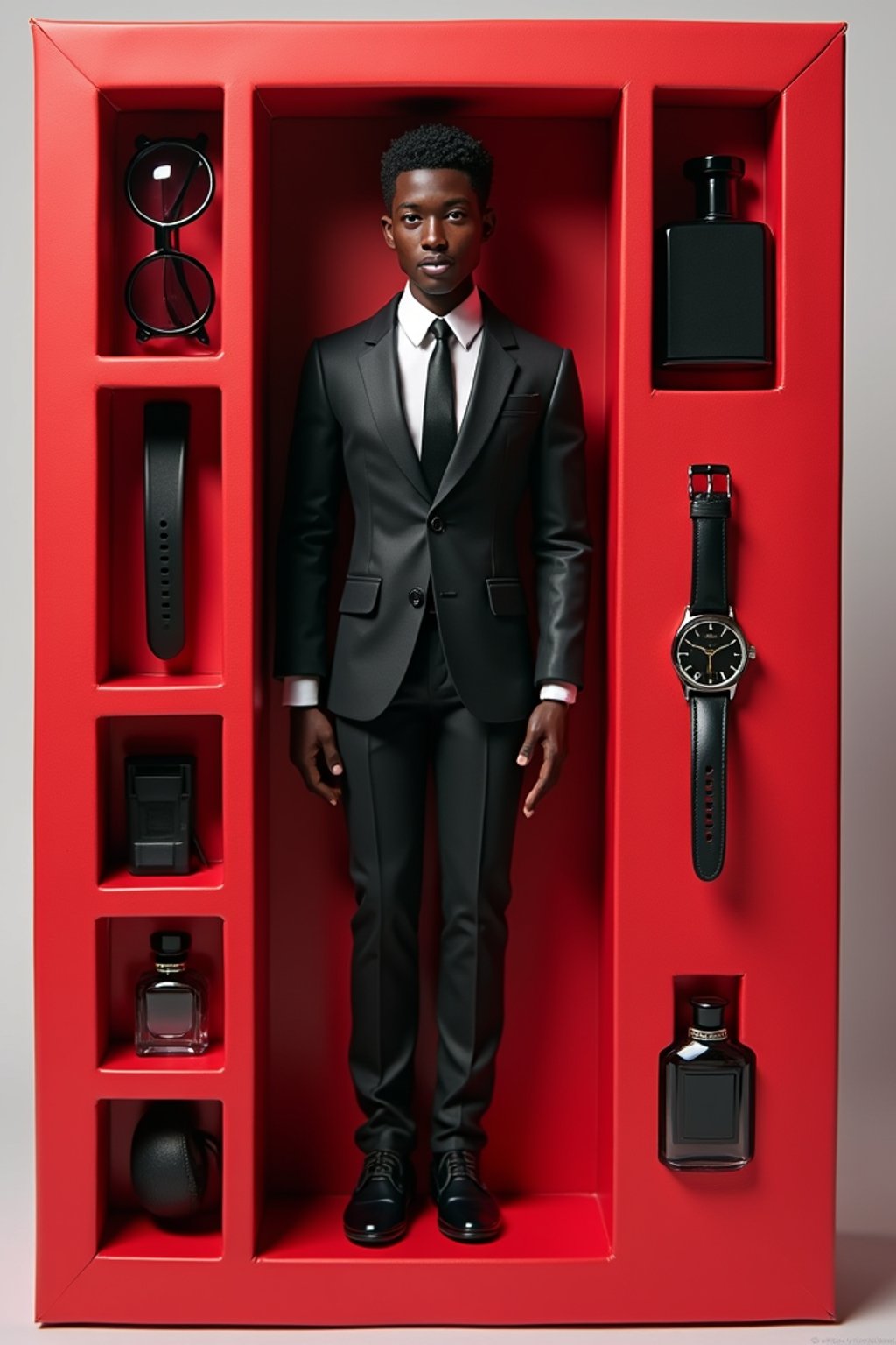man as an action figure in packaging labeled 'SEXY EDITION'. Use man as a reference for the face. Model is 6 inches tall and dressed in  suit and tie outfit, and striking a confident pose. The cardboard section should be red. Include an 'Accessories' section with items like sunglasses, perfume/cologne bottle, and elegant watch. Make the design visually appealing and alluring. Do not include the character image on packaging.