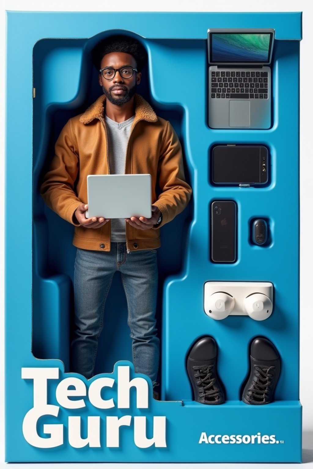 man as an action figure in packaging labeled 'TECH GURU'. Use man as a reference for the face. Model is 6 inches tall and dressed in tech attire, and holding a laptop. The cardboard section should be blue. Include an 'Accessories' section with items like smartphone, laptop, and wireless earbuds. Make the design visually appealing and reflective of tech industry. Do not include the character image on packaging.