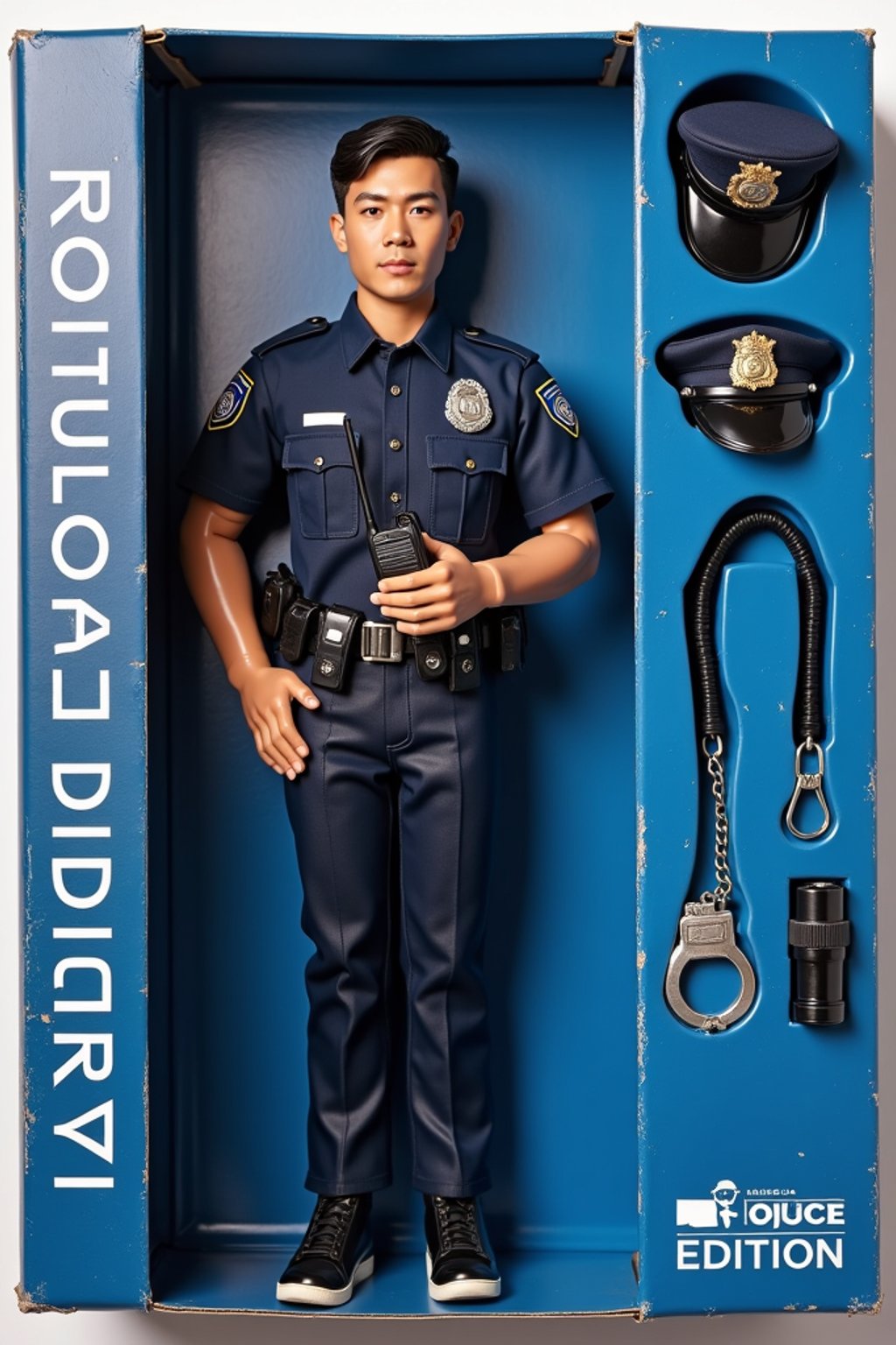 man as an action figure in packaging labeled 'POLICE EDITION'. Use man as a reference for the face. Model is 6 inches tall and dressed in police uniform with badge, and holding a walkie-talkie. The cardboard section should be blue. Include an 'Accessories' section with items like handcuffs, police hat, and flashlight. Make the design visually appealing and reflective of law enforcement profession. Do not include the character image on packaging.