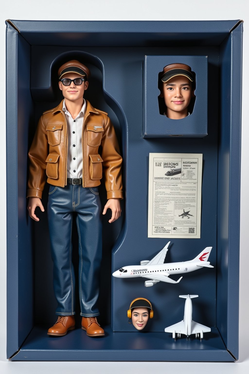 man as an action figure in packaging labeled 'PILOT EDITION'. Use man as a reference for the face. Model is 6 inches tall and dressed in pilot uniform with cap, and holding aviator sunglasses. The cardboard section should be navy blue. Include an 'Accessories' section with items like pilot headset, flight manual, and man airplane. Make the design visually appealing and reflective of aviation profession. Do not include the character image on packaging.