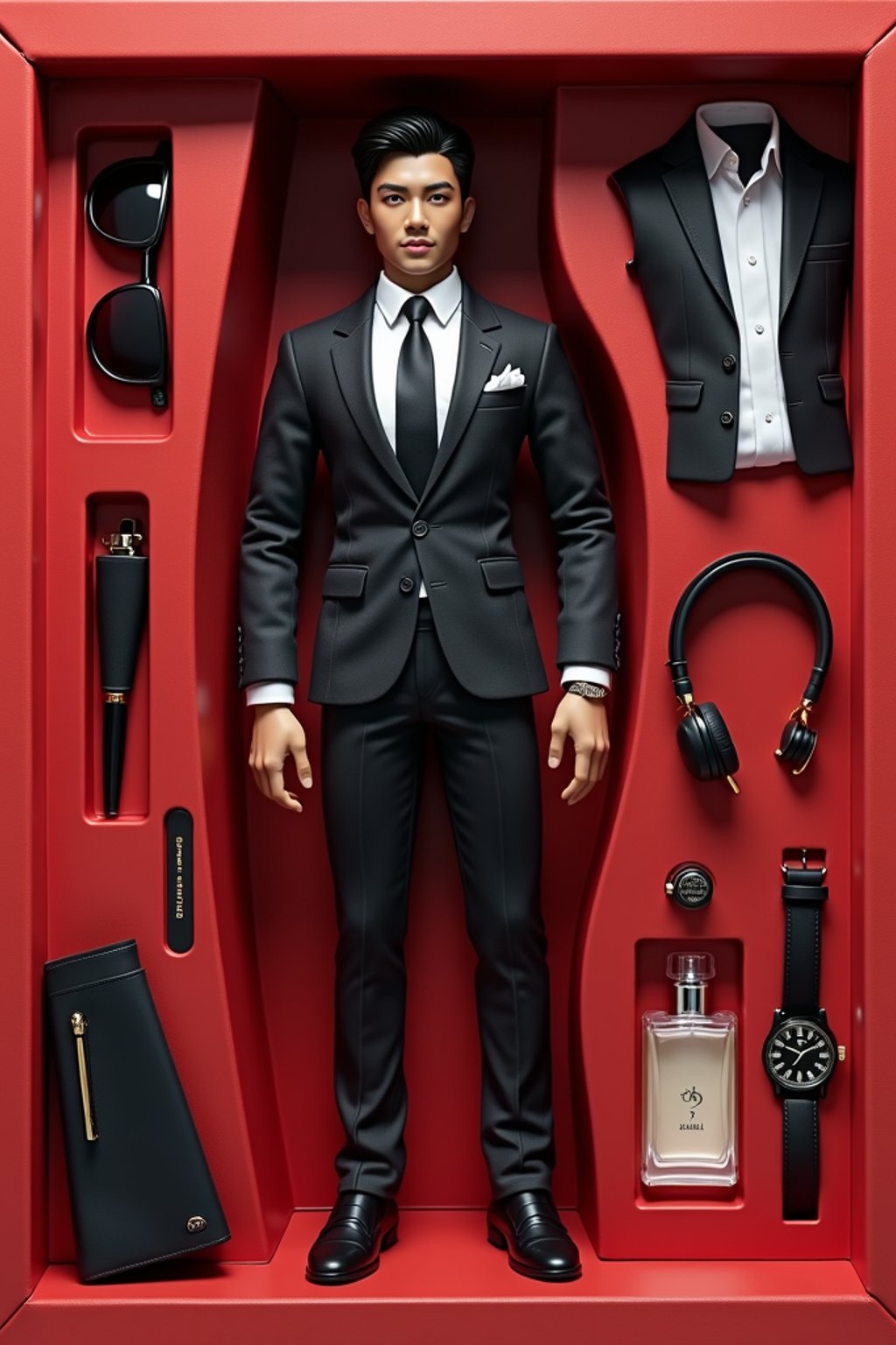 man as an action figure in packaging labeled 'SEXY EDITION'. Use man as a reference for the face. Model is 6 inches tall and dressed in  suit and tie outfit, and striking a confident pose. The cardboard section should be red. Include an 'Accessories' section with items like sunglasses, perfume/cologne bottle, and elegant watch. Make the design visually appealing and alluring. Do not include the character image on packaging.