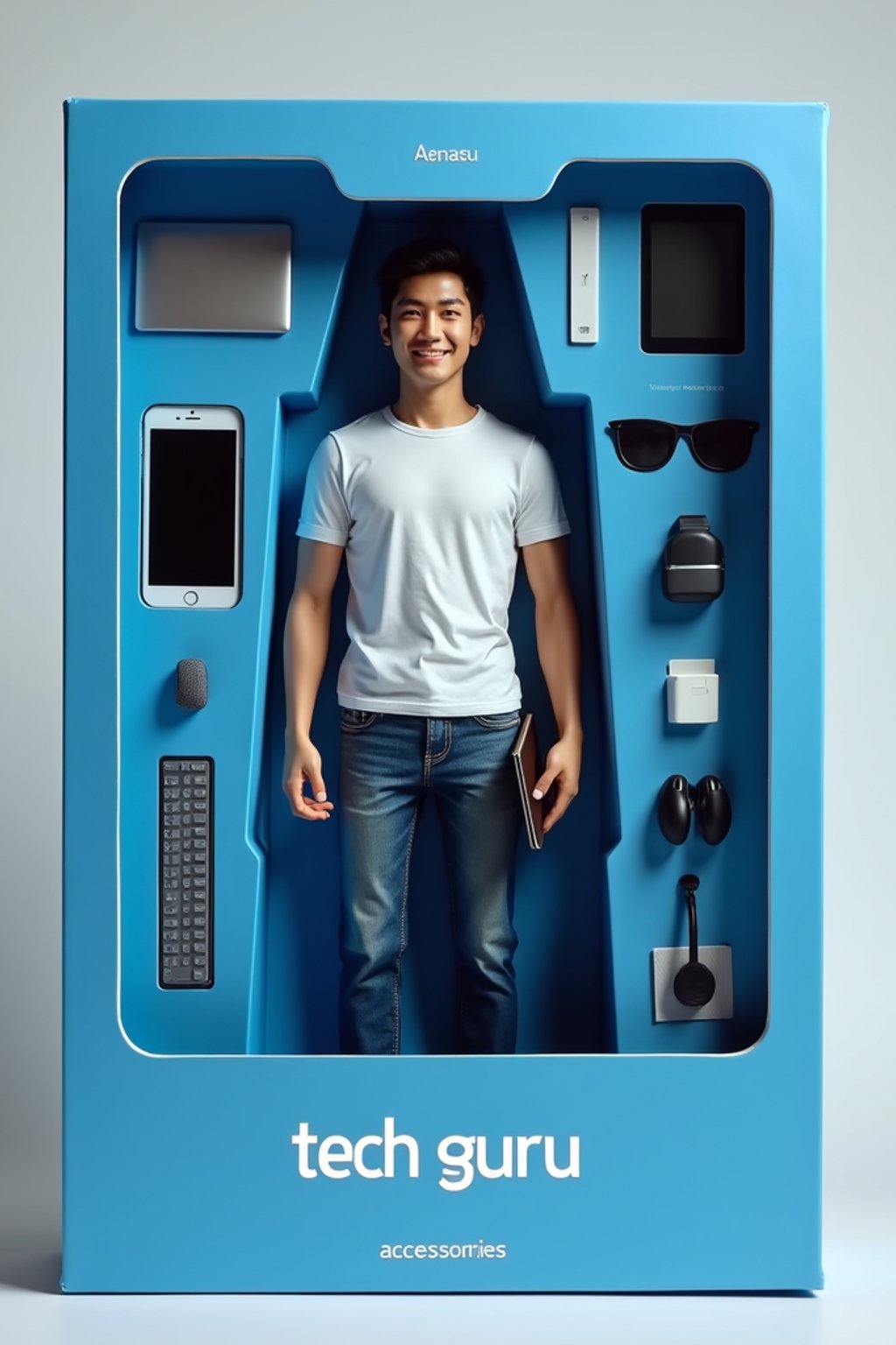 man as an action figure in packaging labeled 'TECH GURU'. Use man as a reference for the face. Model is 6 inches tall and dressed in tech attire, and holding a laptop. The cardboard section should be blue. Include an 'Accessories' section with items like smartphone, laptop, and wireless earbuds. Make the design visually appealing and reflective of tech industry. Do not include the character image on packaging.