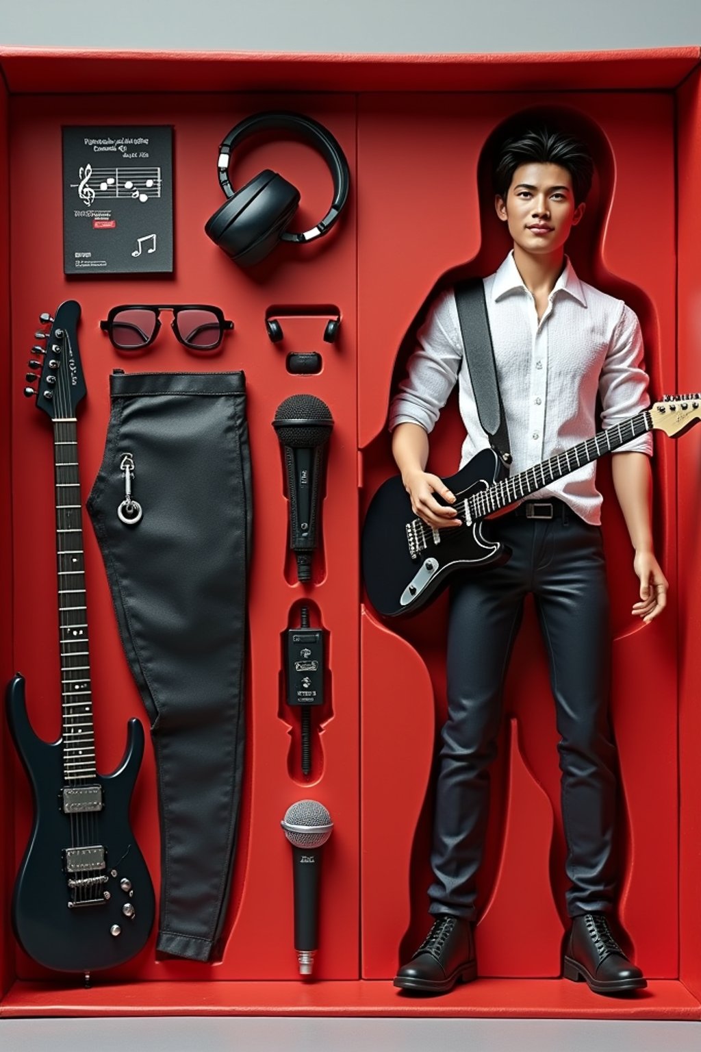 man as an action figure in packaging labeled 'MUSICIAN SERIES'. Use man as a reference for the face. Model is 6 inches tall and dressed in musical attire, and holding a guitar. The cardboard section should be red. Include an 'Accessories' section with items like microphone, music sheet, and headphones. Make the design visually appealing and reflective of music industry. Do not include the character image on packaging.