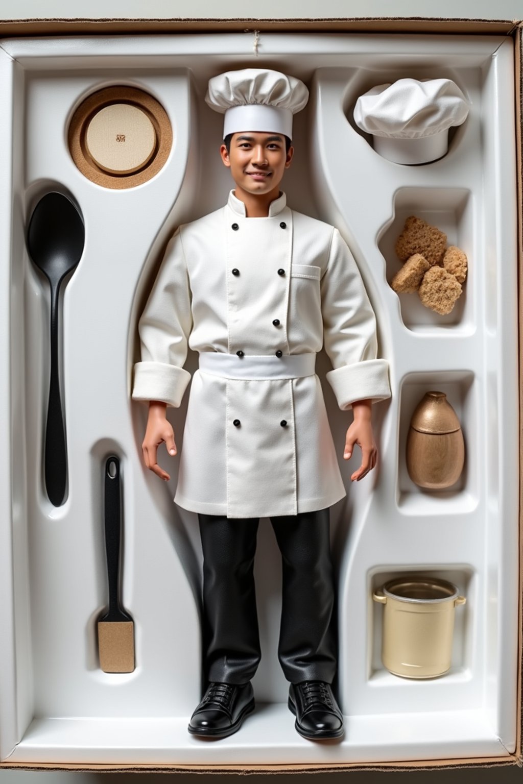 man as an action figure in packaging labeled 'CHEF COLLECTION'. Use man as a reference for the face. Model is 6 inches tall and dressed in chef uniform, and holding a spatula. The cardboard section should be white. Include an 'Accessories' section with items like chef hat, cooking pot, and recipe book. Make the design visually appealing and reflective of culinary arts. Do not include the character image on packaging.